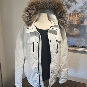 Men's White Fur-Trimmed Hooded Jacket